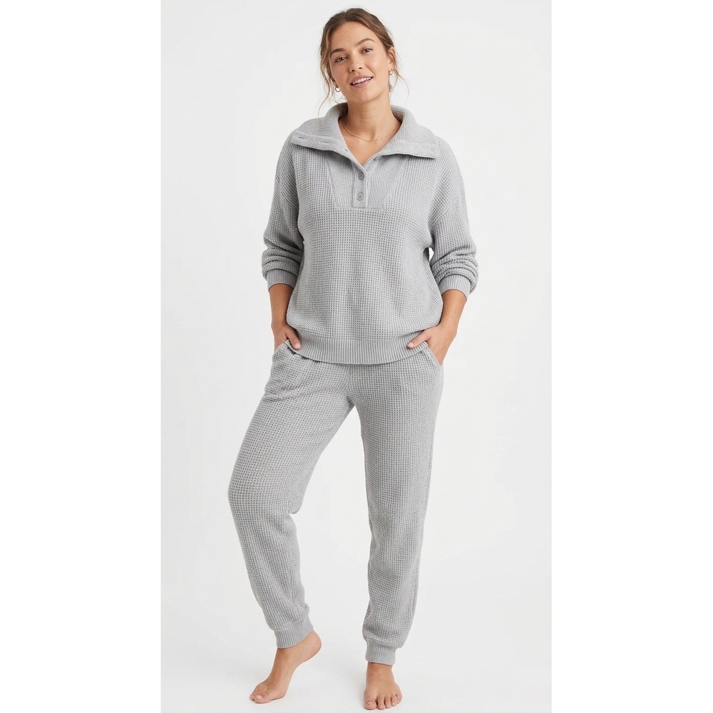 Aerie Lounge Set Grey Waffle Knit Pullover Joggers - (Top L / Pants ML)